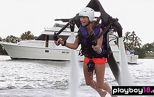 Nude badass ebony babe Tori Taylor and her busty GFs trying water jet pack