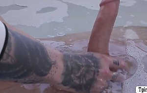 Busty tattooed TS stepmom lets stepson bareback her wet ass
