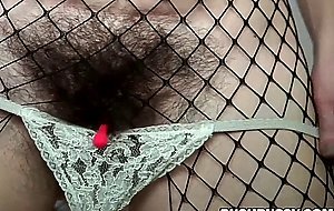 Babe with Hairy Bush Pussy Wearing Fishnet Stockings