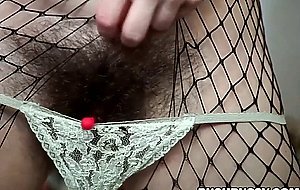 Babe with Hairy Bush Pussy Wearing Fishnet Stockings