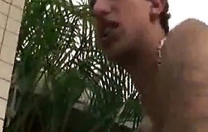 Shemale creep ass fucked doggystyle outside by the pool