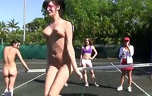 Naked girls in lesbian hazing on the tennis court