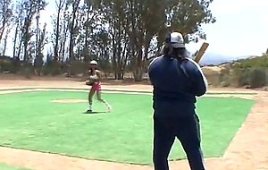 Big titty brunette teen on a baseball diamond outdoors